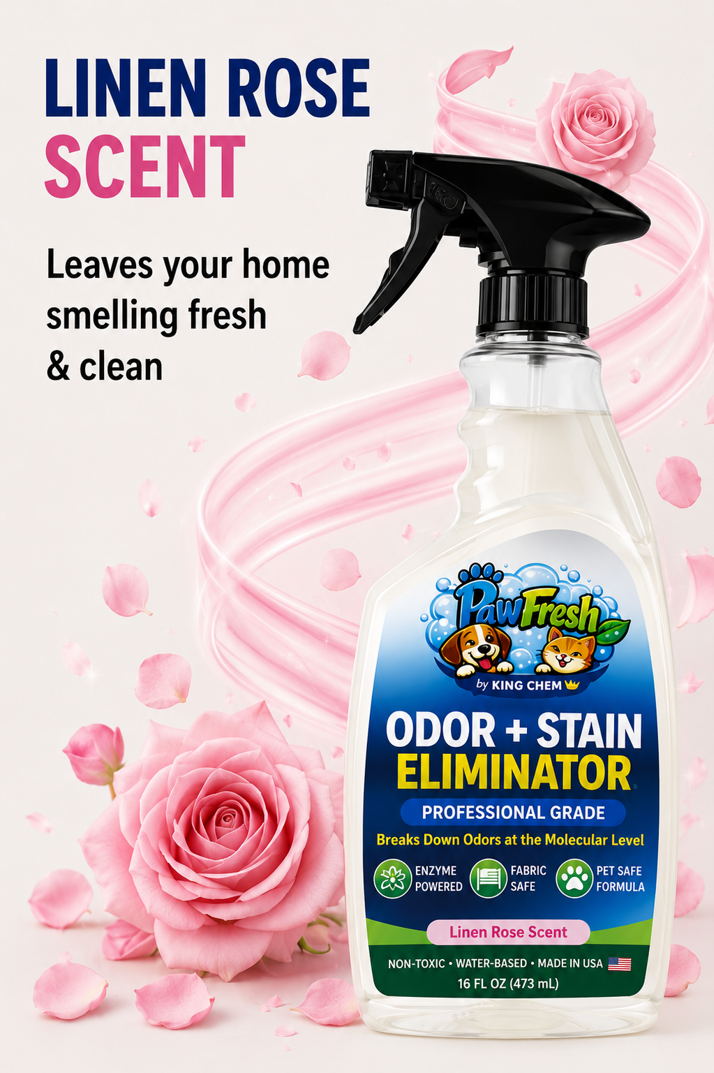 PawFresh Pet Odor & Stain Eliminator Spray | Enzyme-Based Cleaner for Dog & Cat Urine, Feces, Vomit & Pet Accidents | Fabric, Carpet & Upholstery Safe | Linen Rose Scent | 16 oz