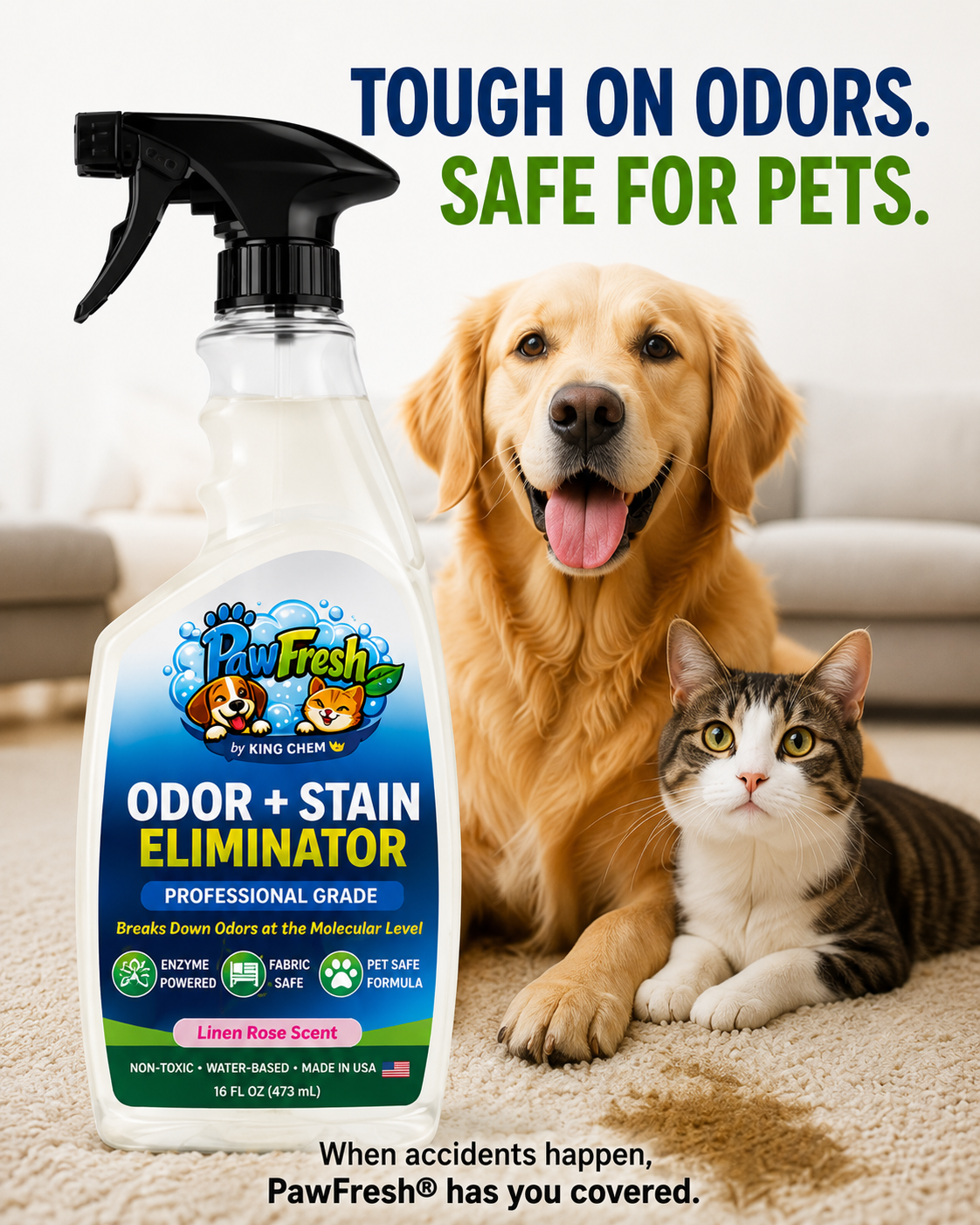 PawFresh Pet Odor & Stain Eliminator Spray | Enzyme-Based Cleaner for Dog & Cat Urine, Feces, Vomit & Pet Accidents | Fabric, Carpet & Upholstery Safe | Linen Rose Scent | 16 oz