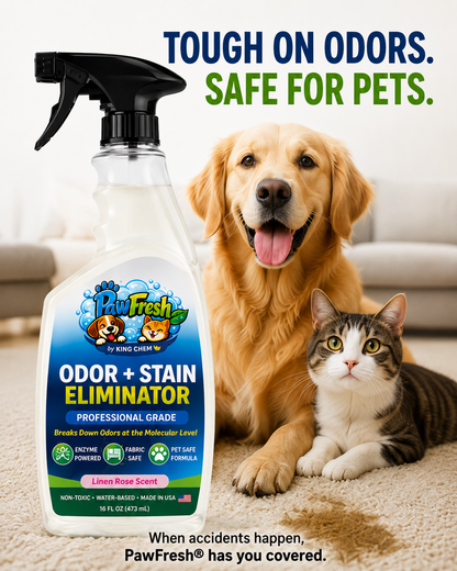 PawFresh Pet Odor & Stain Eliminator Spray | Enzyme-Based Cleaner for Dog & Cat Urine, Feces, Vomit & Pet Accidents | Fabric, Carpet & Upholstery Safe | Linen Rose Scent | 16 oz