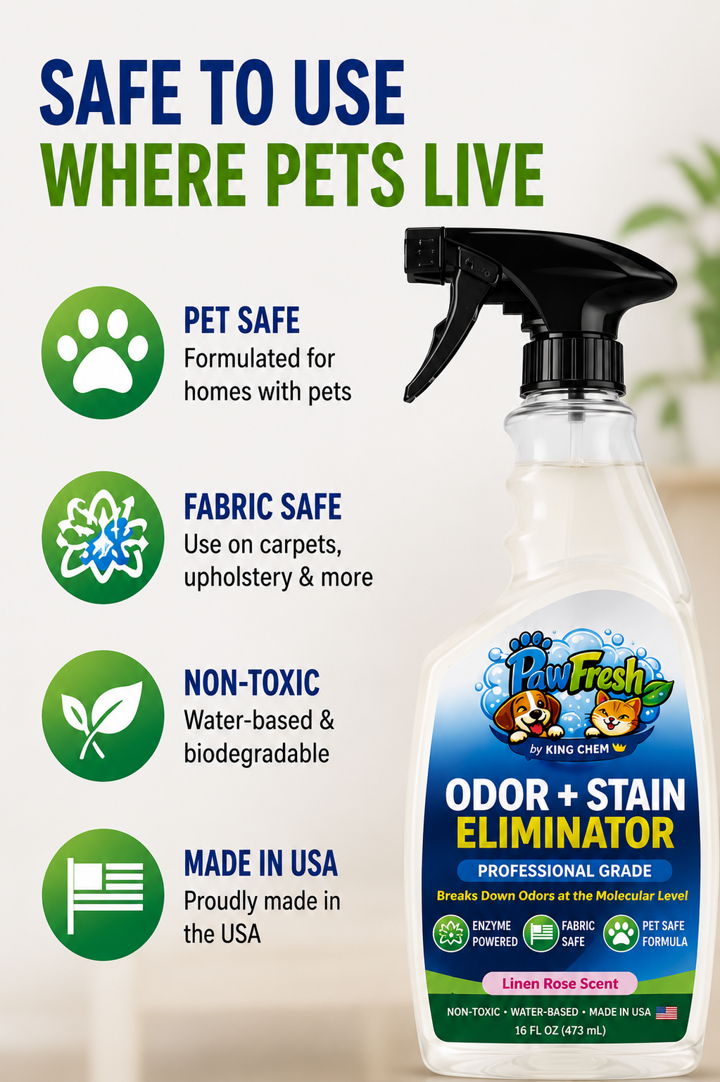 PawFresh Pet Odor & Stain Eliminator Spray | Enzyme-Based Cleaner for Dog & Cat Urine, Feces, Vomit & Pet Accidents | Fabric, Carpet & Upholstery Safe | Linen Rose Scent | 16 oz