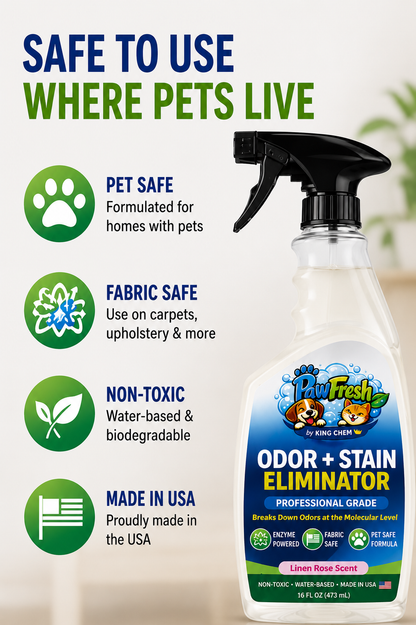 PawFresh Pet Odor & Stain Eliminator Spray | Enzyme-Based Cleaner for Dog & Cat Urine, Feces, Vomit & Pet Accidents | Fabric, Carpet & Upholstery Safe | Linen Rose Scent | 16 oz