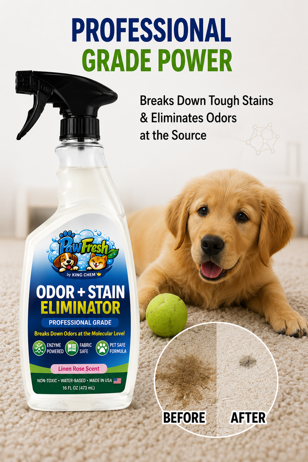 PawFresh Pet Odor & Stain Eliminator Spray | Enzyme-Based Cleaner for Dog & Cat Urine, Feces, Vomit & Pet Accidents | Fabric, Carpet & Upholstery Safe | Linen Rose Scent | 16 oz