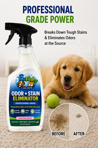 PawFresh Pet Odor & Stain Eliminator Spray | Enzyme-Based Cleaner for Dog & Cat Urine, Feces, Vomit & Pet Accidents | Fabric, Carpet & Upholstery Safe | Linen Rose Scent | 16 oz
