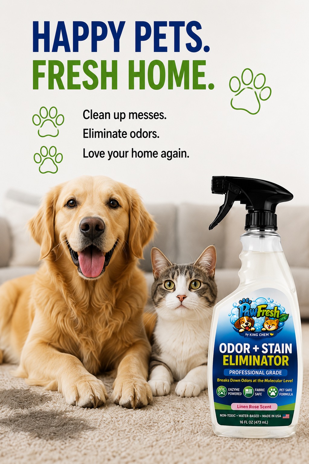 PawFresh Pet Odor & Stain Eliminator Spray | Enzyme-Based Cleaner for Dog & Cat Urine, Feces, Vomit & Pet Accidents | Fabric, Carpet & Upholstery Safe | Linen Rose Scent | 16 oz