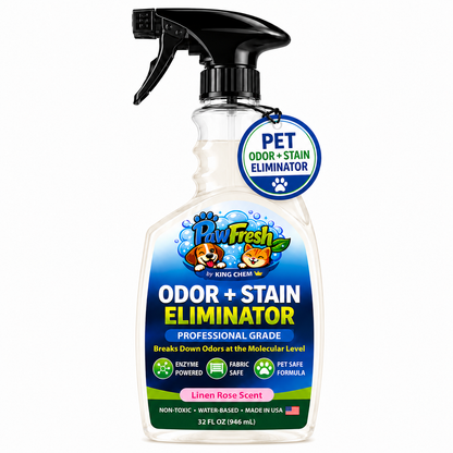 PawFresh Pet Odor & Stain Eliminator Spray | Enzyme-Based Cleaner for Dog & Cat Urine, Feces, Vomit & Pet Accidents | Fabric, Carpet & Upholstery Safe | Linen Rose Scent | 16 oz