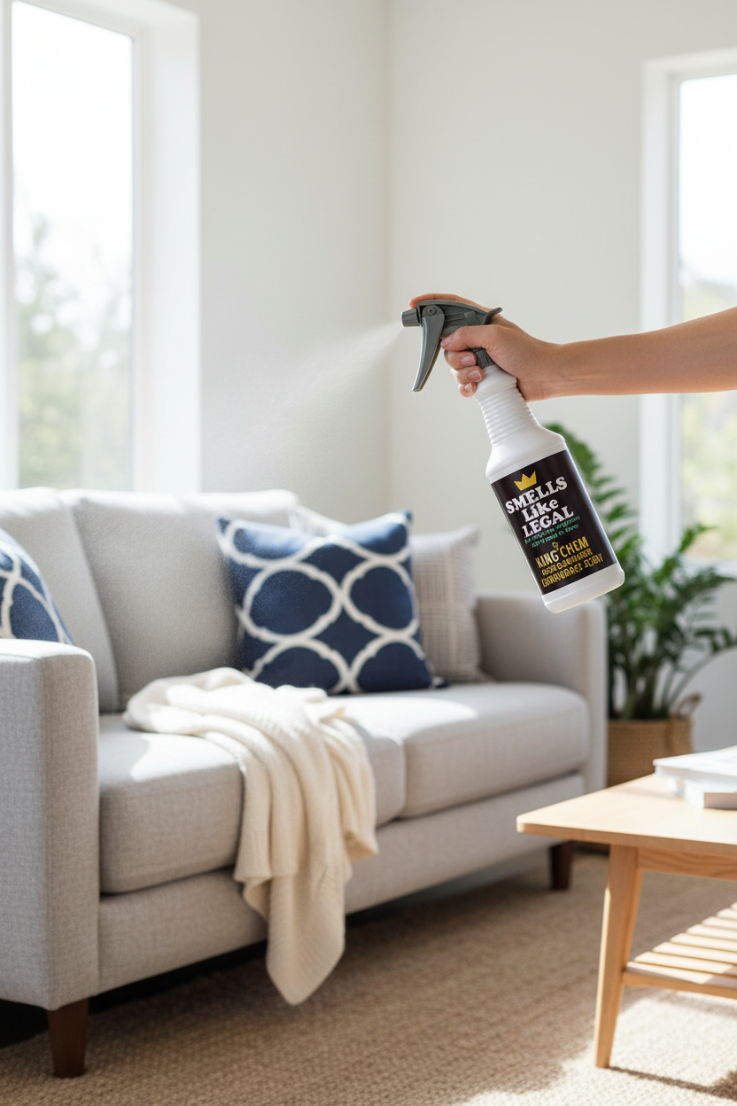 SMELLS LIKE LEGAL LEMONGRASS Scent 32oz Spray Bottle being used on a couch