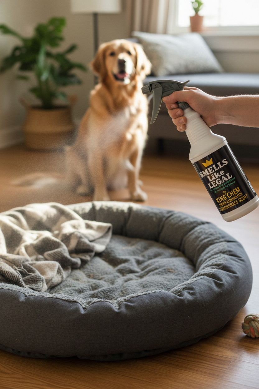 SMELLS LIKE LEGAL LEMONGRASS Scent 32oz Spray Bottle freshening a dog bed