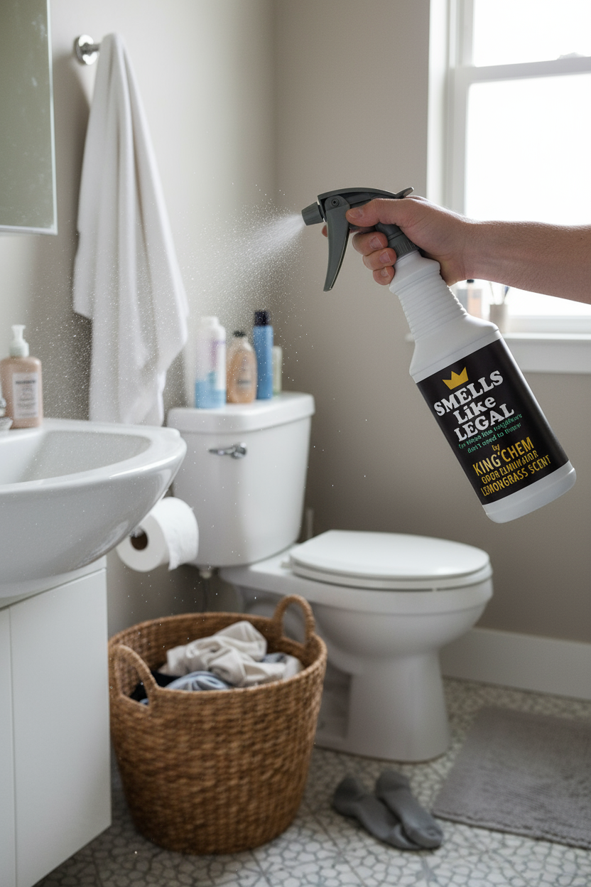 SMELLS LIKE LEGAL LEMONGRASS Scent 32oz Spray Bottle freshening up a bathroom