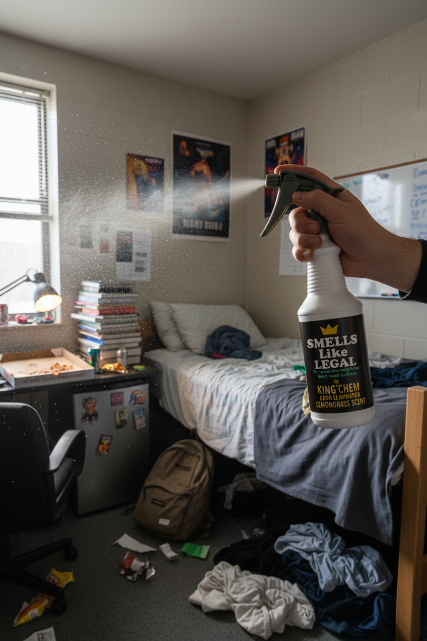 SMELLS LIKE LEGAL LEMONGRASS Scent 32oz Spray Bottle freshening up a dorm room