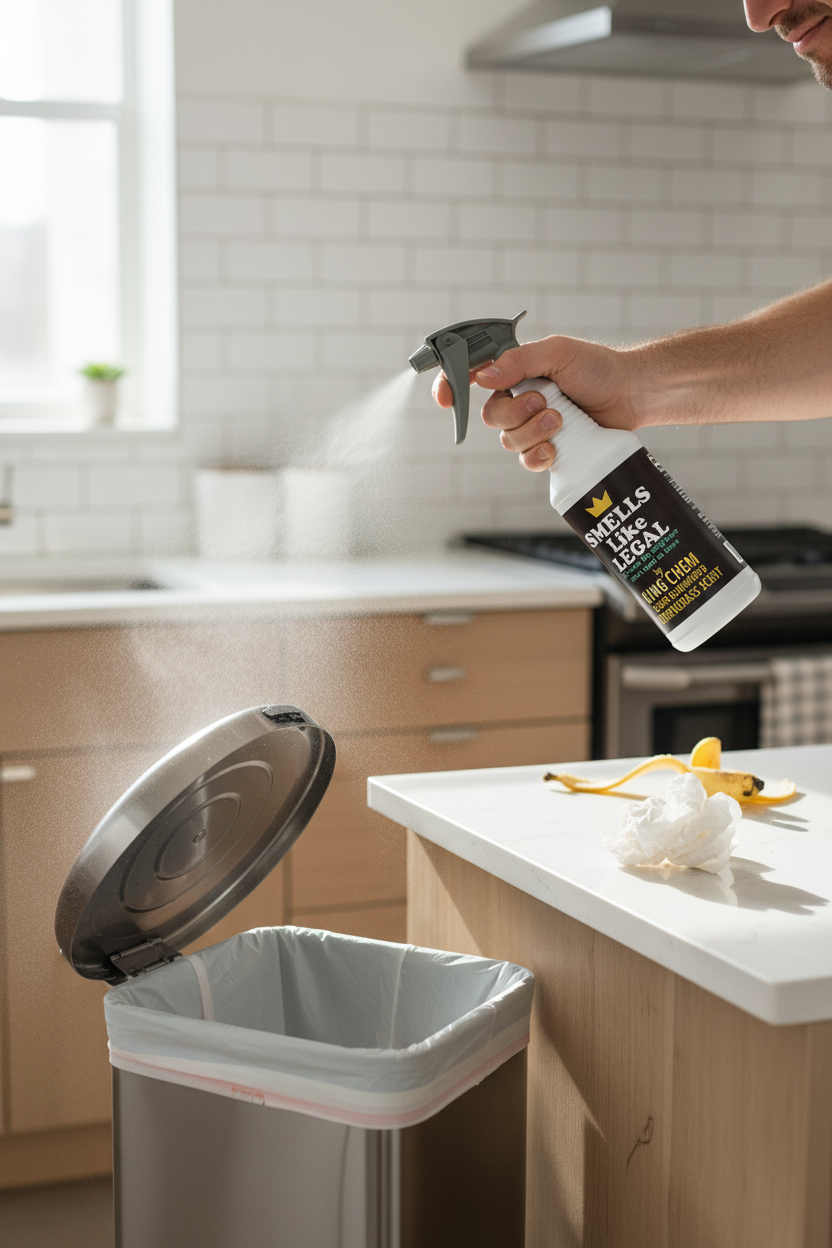 SMELLS LIKE LEGAL LEMONGRASS Scent 32oz Spray Bottle freshening up around a garbage can