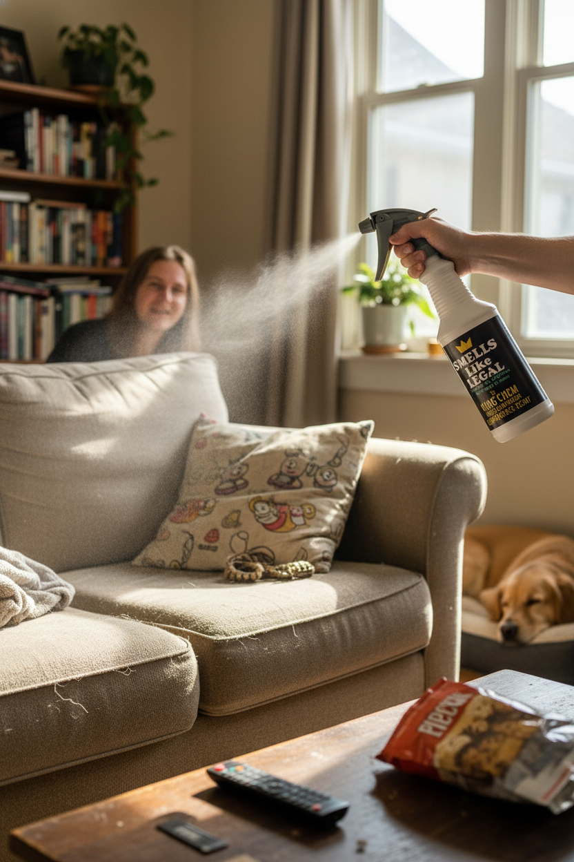 SMELLS LIKE LEGAL LEMONGRASS Scent 32oz Spray Bottle saving a well-loved couch